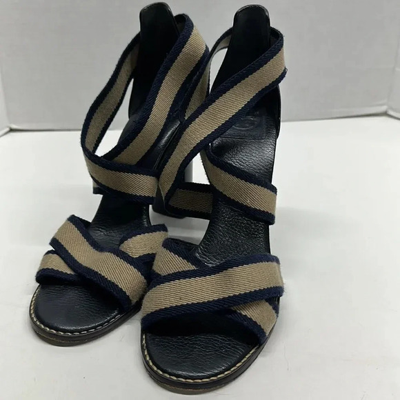 Tory Burch Laurie Criss Cross Elastic Strap Chunky Stacked High Heel Shoe 10 - Picture 2 of 10
